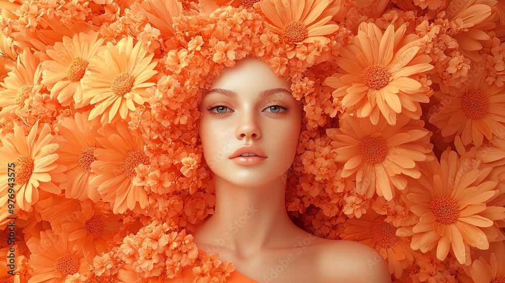 A beautiful woman surrounded by orange flowers. A beautiful woman surrounded by orange flowers.