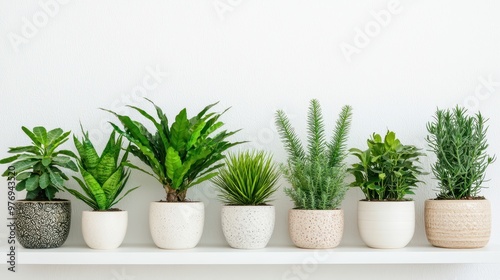 Green Houseplants in Pots on White Shelf  Minimalist Interior Design