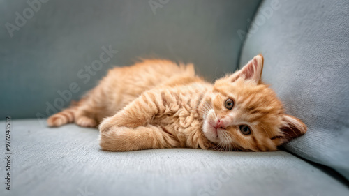 A photo of a young, orange-furred kitten lying on a light-colored fabric, possibly a couch or a blanket. The kitten's head is raised slightly, and it seems to be looking towards the camera