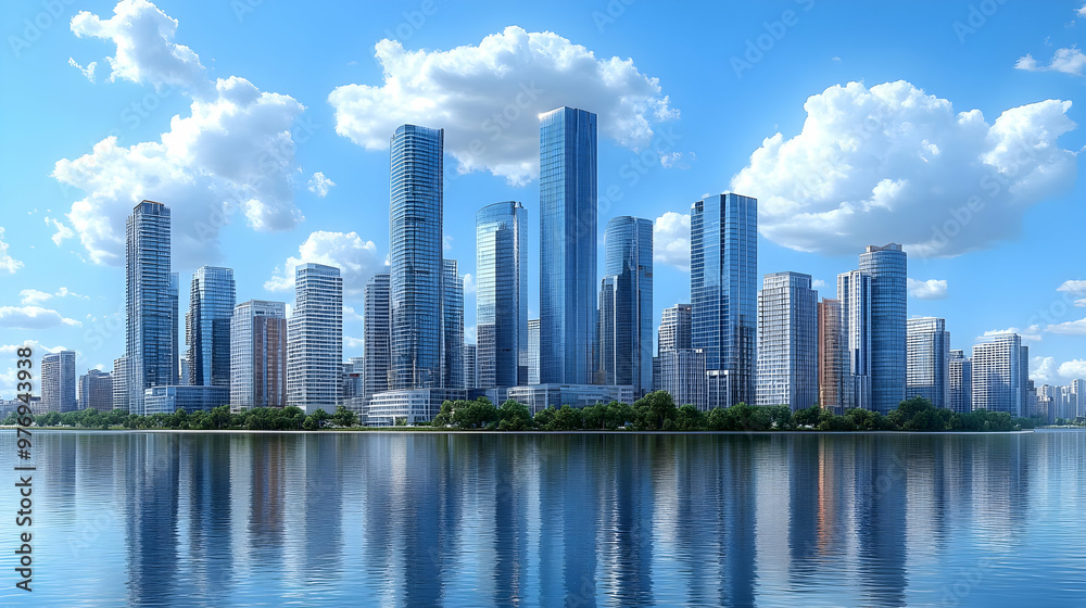 A modern city skyline with tall skyscrapers reflected in the water. A modern city skyline with tall skyscrapers reflected in the water.