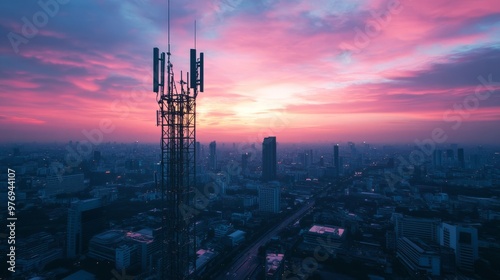 The tall, freestanding mobile tower is located in the center of urban areas, with an aerial view of city buildings at sunset.