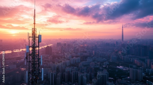 The tall, freestanding mobile tower is located in the center of urban areas, with an aerial view of city buildings at sunset.