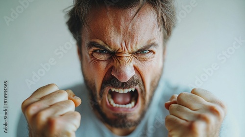 Raw Fury: A portrait of a man consumed by rage, his face contorted in a primal scream, fists clenched in a display of raw, unbridled anger. 