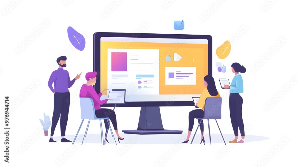 Fototapeta premium A team of diverse individuals working together on a computer screen, analyzing data and collaborating on a project.