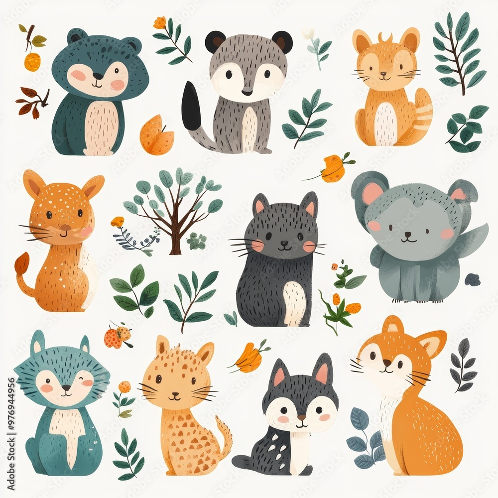 Fototapeta premium Cute Animal Clipart Set Cartoon Cats Koala Fox and More
