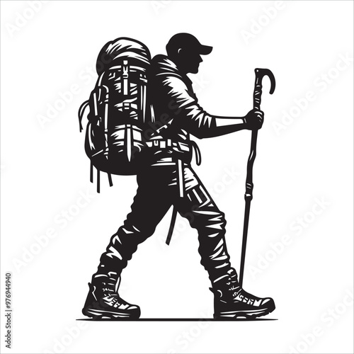 Hiker in boots and backpack holds walking stick vector illustration silhouette