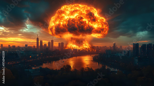 A mushroom cloud rises over...