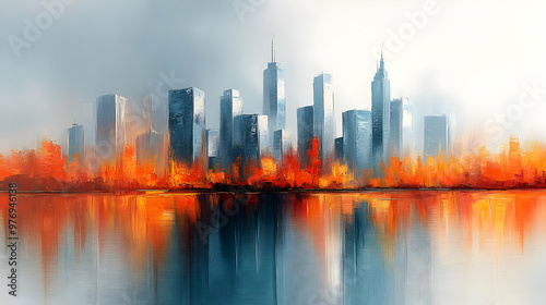 A painting of a cityscape w...