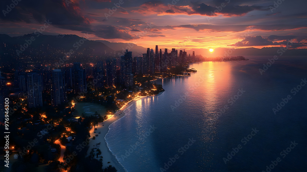 A panoramic aerial view of a city skyline at sunset, with the sun setting over the ocean and reflecting off the water A panoramic aerial view of a city skyline at sunset, with the sun setting over the ocean and reflecting off the water