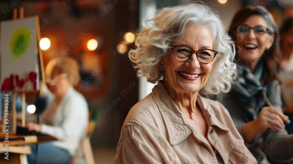 Older women attending a painting class, expressing creativity and enjoying their hobbies. Older women attending a painting class, expressing creativity and enjoying their hobbies.