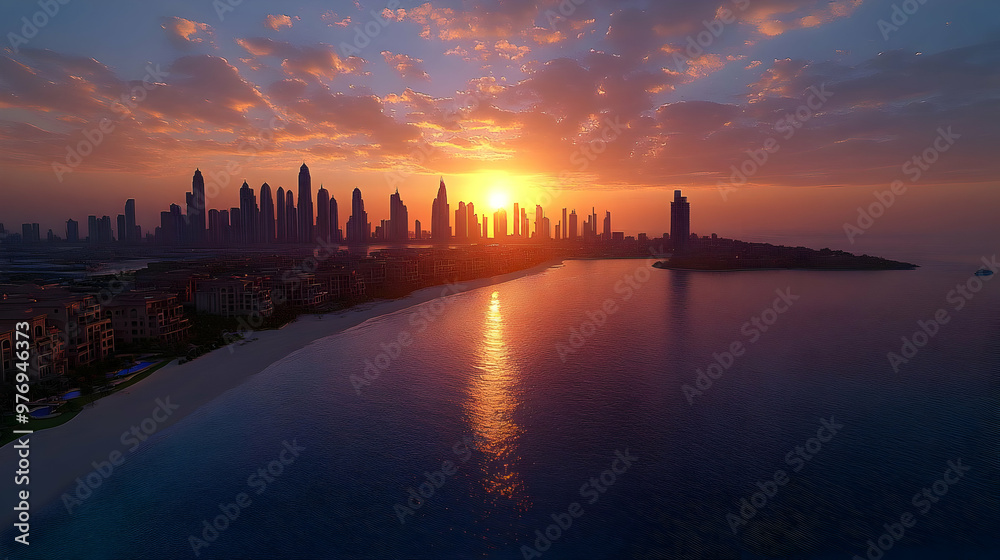 A panoramic aerial view of a city skyline at sunset, with the sun setting over the ocean. The city is silhouetted against the bright orange and pink sky. A panoramic aerial view of a city skyline at sunset, with the sun setting over the ocean. The city is silhouetted against the bright orange and pink sky.