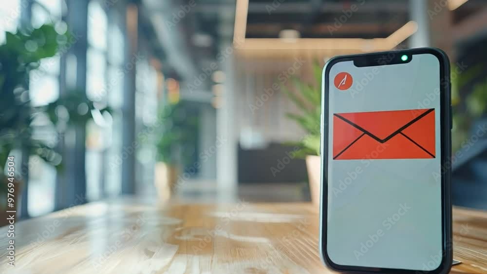 A smartphone screen showing an email app with numerous junk emails, and a red alert about compromised data. The background is a minimalist office. A smartphone screen showing an email app with numerous junk emails, and a red alert about compromised data. The background is a minimalist office.
