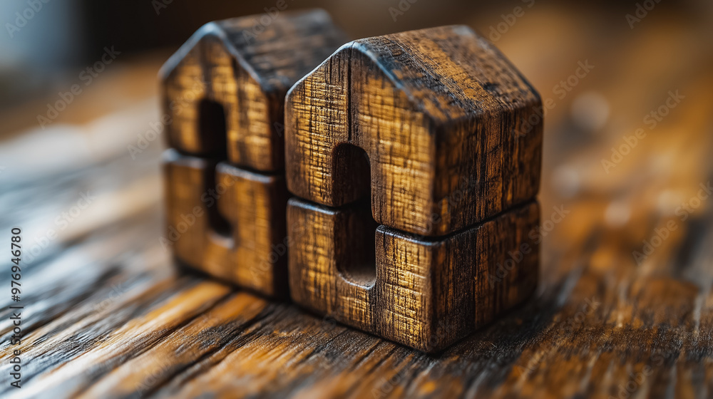 Obraz premium Two wooden house models on a rustic wooden surface