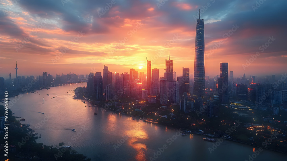 A panoramic aerial view of a modern city skyline with skyscrapers and a river at sunset, with the sun reflecting on the water. A panoramic aerial view of a modern city skyline with skyscrapers and a river at sunset, with the sun reflecting on the water.