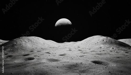 High-resolution view of the moons cratered surface, detailed lunar landscape, black and white photography, vast and desolate terrain, extraterrestrial exploration photo