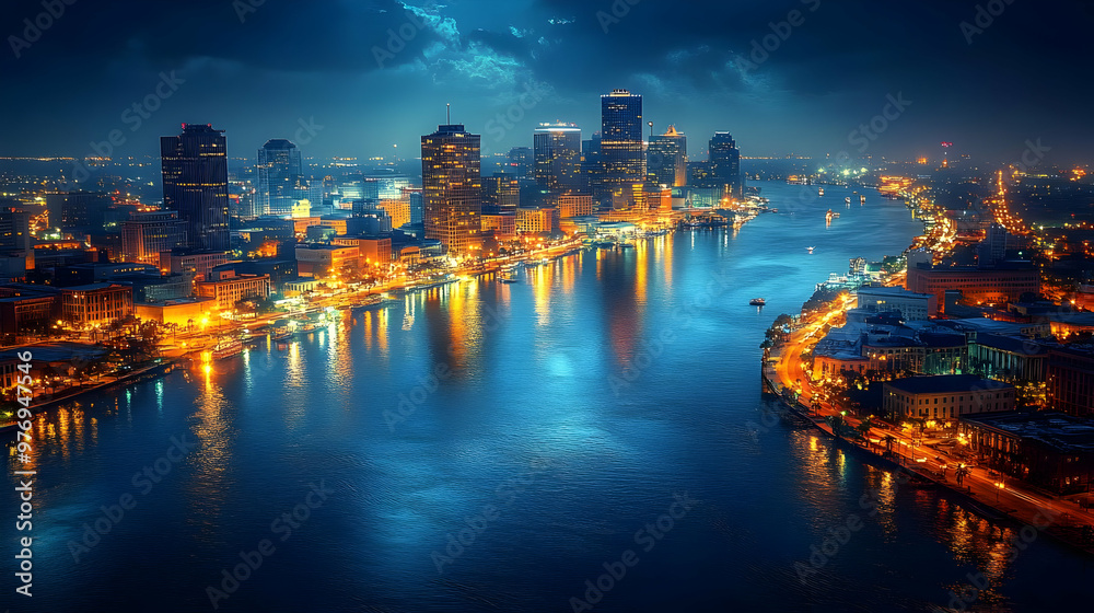 A panoramic night view of a city skyline illuminated by twinkling lights, reflecting on the water of a large river.