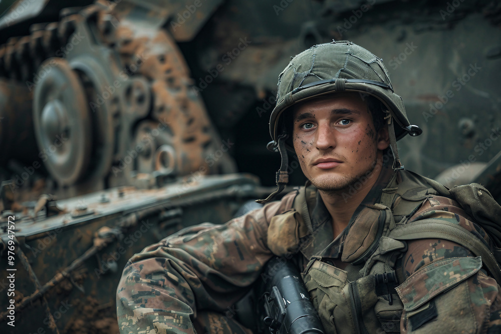 Generated with AI photo of confident soldier fighting battlefield Generated with AI photo of confident soldier fighting battlefield