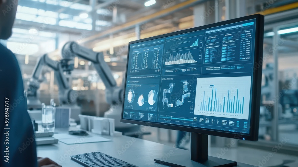 A person is working on a computer monitor that displays multiple graphs and charts A person is working on a computer monitor that displays multiple graphs and charts