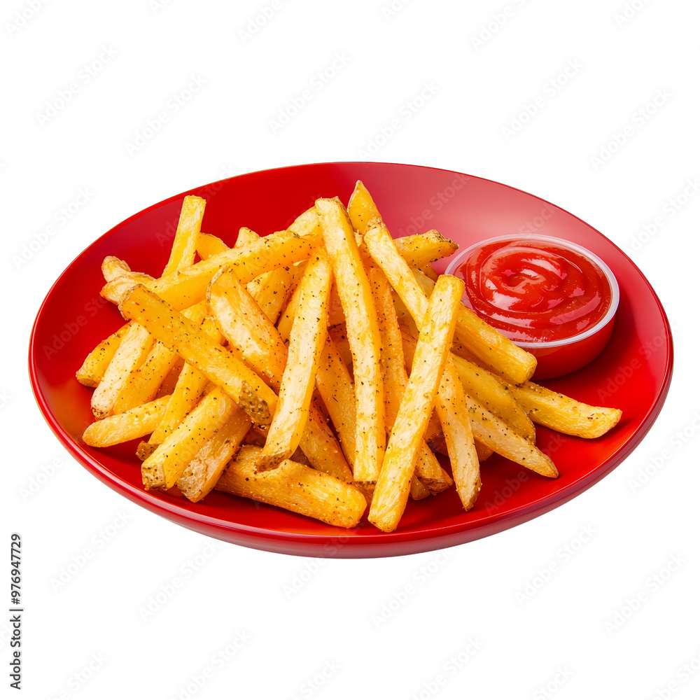Delicious French fries served with a side of ketchup on a red plate Delicious French fries served with a side of ketchup on a red plate