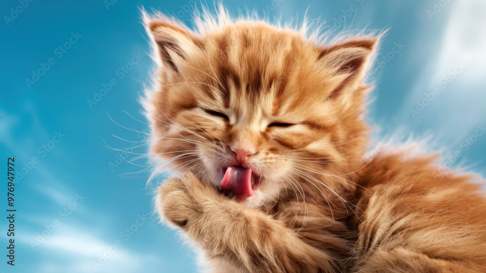 A close-up image of a little red kitten licking its paw. The kitten has its eyes closed and its fur is soft and fluffy. The background is a bright blue sky. The overall image has a warm hue. A close-up image of a little red kitten licking its paw. The kitten has its eyes closed and its fur is soft and fluffy. The background is a bright blue sky. The overall image has a warm hue.
