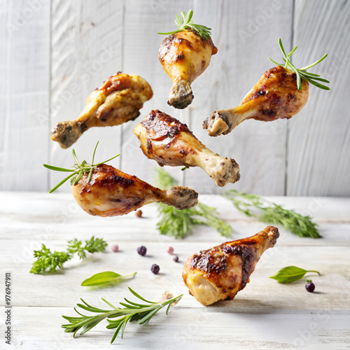 Seasoned drumsticks in mid-air with fresh herbs