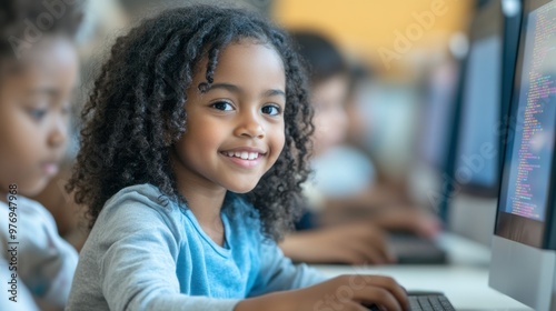 A young girl is smiling and sitting in front of a computer. She is wearing a blue shirt and has curly hair. There are other children in the background, some of whom are also using computers photo