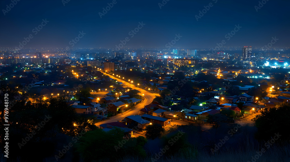 Obraz premium A panoramic view of a city at night, with street lights illuminating the houses and roads below. The city skyline is visible in the distance, with tall buildings lit up.