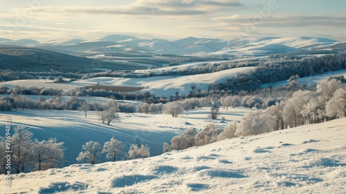 A snow-covered winter landscape featuring a scenic overlook of rolling hills and valleys blanketed in white