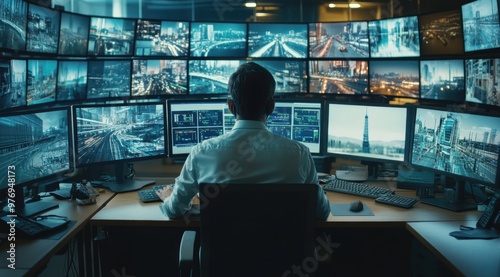 A vigilant sits in front of a computer monitor room with many screens. He is focused on the screens and he is working