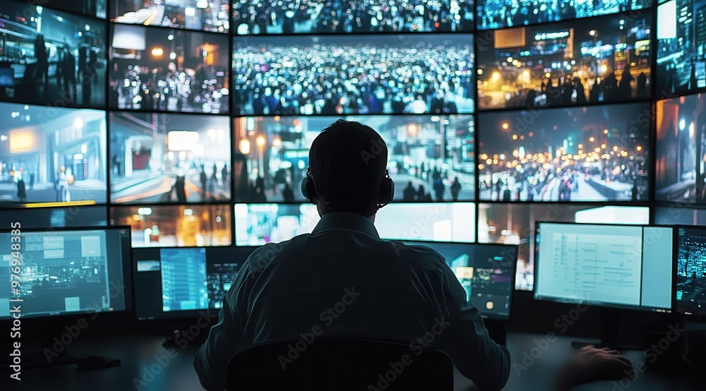 A man is sitting in front of a computer monitor with many screens. He is wearing headphones and he is focused on the screens. The screens are displaying various images and videos A man is sitting in front of a computer monitor with many screens. He is wearing headphones and he is focused on the screens. The screens are displaying various images and videos