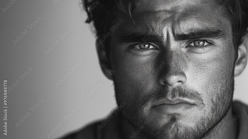 Intense Gaze: A black and white portrait of a man with piercing eyes, conveying a sense of raw emotion and masculinity Intense Gaze: A black and white portrait of a man with piercing eyes, conveying a sense of raw emotion and masculinity