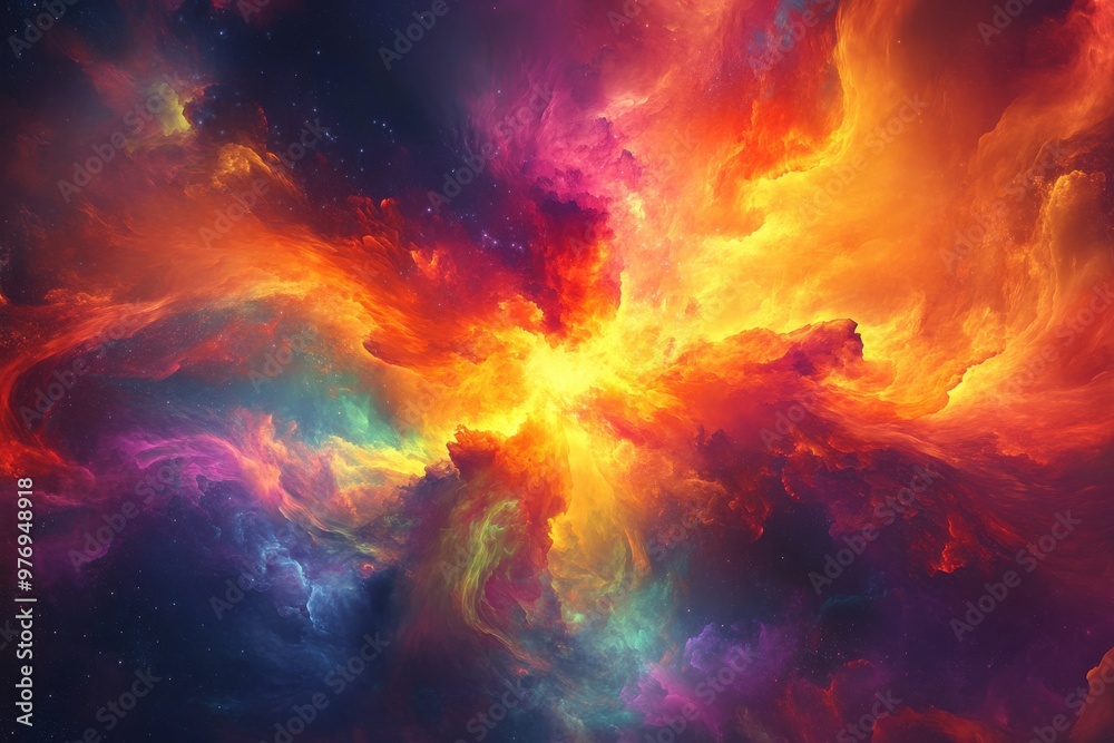 A colorful space scene with a yellow star in the center. The colors are vibrant and the image has a dreamy, otherworldly feel to it A colorful space scene with a yellow star in the center. The colors are vibrant and the image has a dreamy, otherworldly feel to it