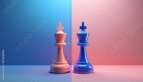 Countless strategies unfold with this artistic chess king duo in contrasting colors, symbolizing competition and strategy.