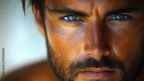 Intense Gaze: A close-up portrait of a man with piercing blue eyes and a determined expression, conveying strength, confidence, and a captivating presence. 