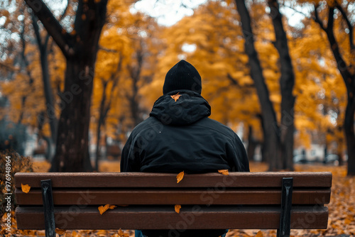 Dramatic quiet autumn scene, sad minded person contemplating rainy day, Generative AI