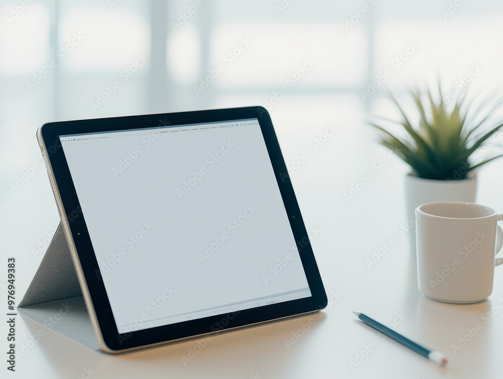 A clean and modern workspace featuring a tablet, a potted plant, a coffee mug, and a pen on a light surface. A clean and modern workspace featuring a tablet, a potted plant, a coffee mug, and a pen on a light surface.