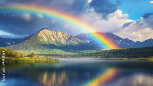 vivid rainbow arching over a mountain range after a rain shower
