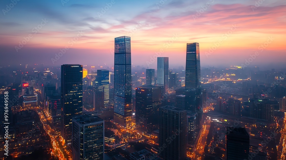 Obraz premium A panoramic view of a modern city skyline at dusk.