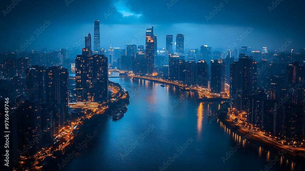 Obraz premium A panoramic view of a city skyline at night with a river running through it. The cityscape is illuminated by streetlights and building lights, creating a beautiful and dynamic scene.