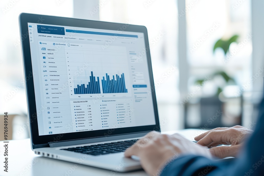 A person analyzes data using a laptop, showcasing charts and graphs on the screen with a focus on digital analytics. A person analyzes data using a laptop, showcasing charts and graphs on the screen with a focus on digital analytics.