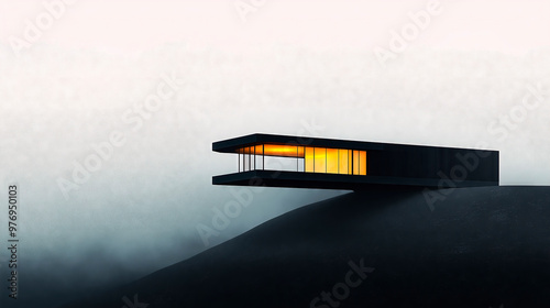 Modern minimalist black house hovering over misty hillside at twilight