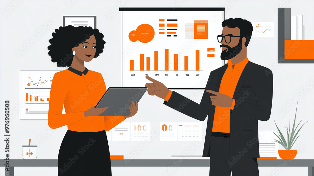 Two business professionals collaborating in a modern office, using digital tablets and reviewing data charts. Ideal for concepts like teamwork, business strategy, and technology-driven solutions. Two business professionals collaborating in a modern office, using digital tablets and reviewing data charts. Ideal for concepts like teamwork, business strategy, and technology-driven solutions.