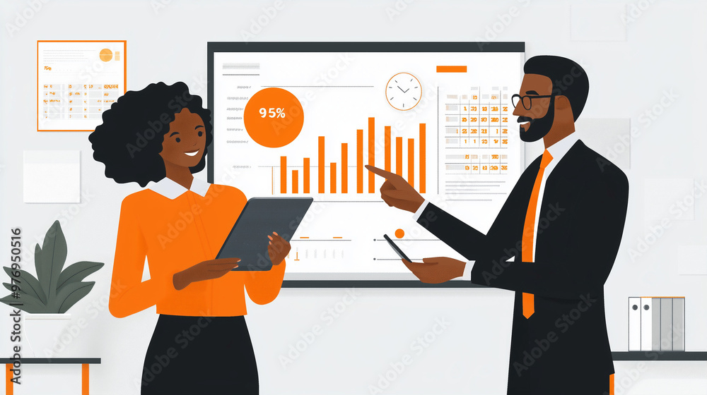 Two business professionals collaborating in a modern office, using digital tablets and reviewing data charts. Ideal for concepts like teamwork, business strategy, and technology-driven solutions. Two business professionals collaborating in a modern office, using digital tablets and reviewing data charts. Ideal for concepts like teamwork, business strategy, and technology-driven solutions.