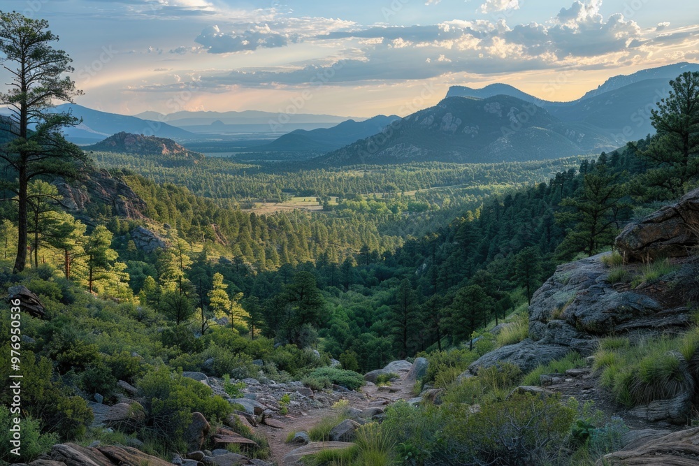 Scenic Mountain Landscape with Lush Forest and Rolling Hills at Sunset Scenic Mountain Landscape with Lush Forest and Rolling Hills at Sunset