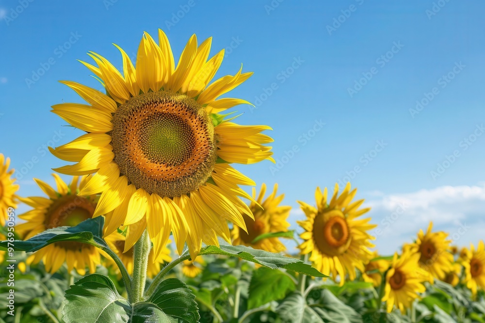 Vibrant sunflower blooming against a clear blue sky, surrounded by lush green leaves in a sunny field.