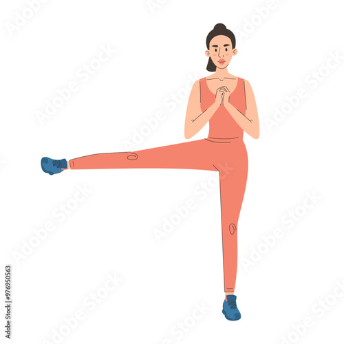 Leg lift exercise vector isolated. Woman in fitness clothes doing sport exercise. Active lifestyle, leg training. Strong female character showing correct posture.