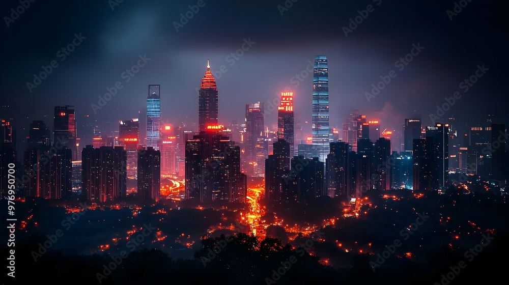 Obraz premium A panoramic view of a city skyline at night, with skyscrapers illuminated by bright lights. The buildings are silhouetted against the dark sky, and the city is lit up with a warm, inviting glow.