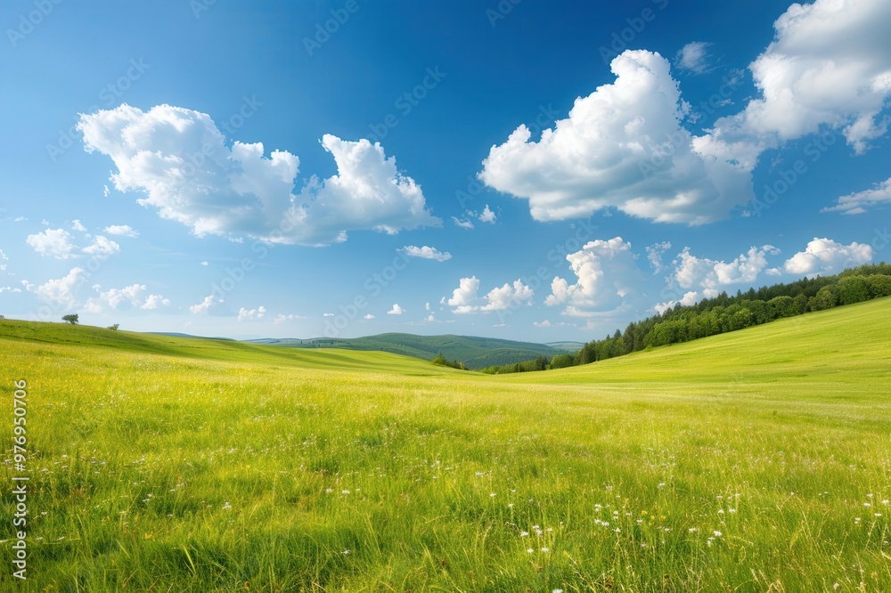 Obraz premium A picturesque landscape featuring lush green grass under a clear blue sky with fluffy white clouds basking in sunlight.
