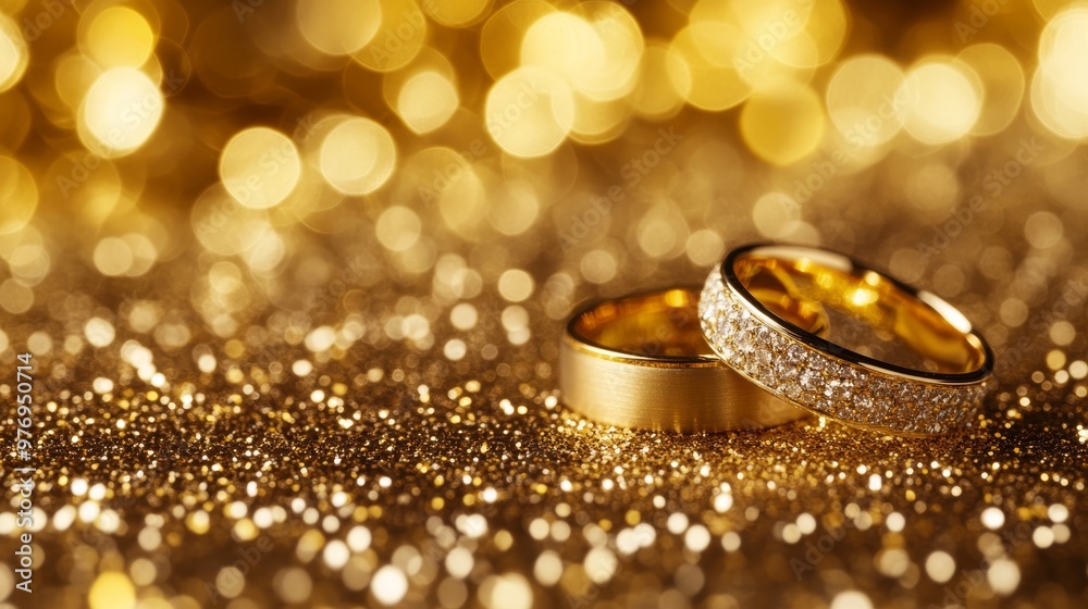 Golden Wedding Bands on a Sparkling Background, Perfect for Adding Text or Design Elements. Golden Wedding Bands on a Sparkling Background, Perfect for Adding Text or Design Elements.