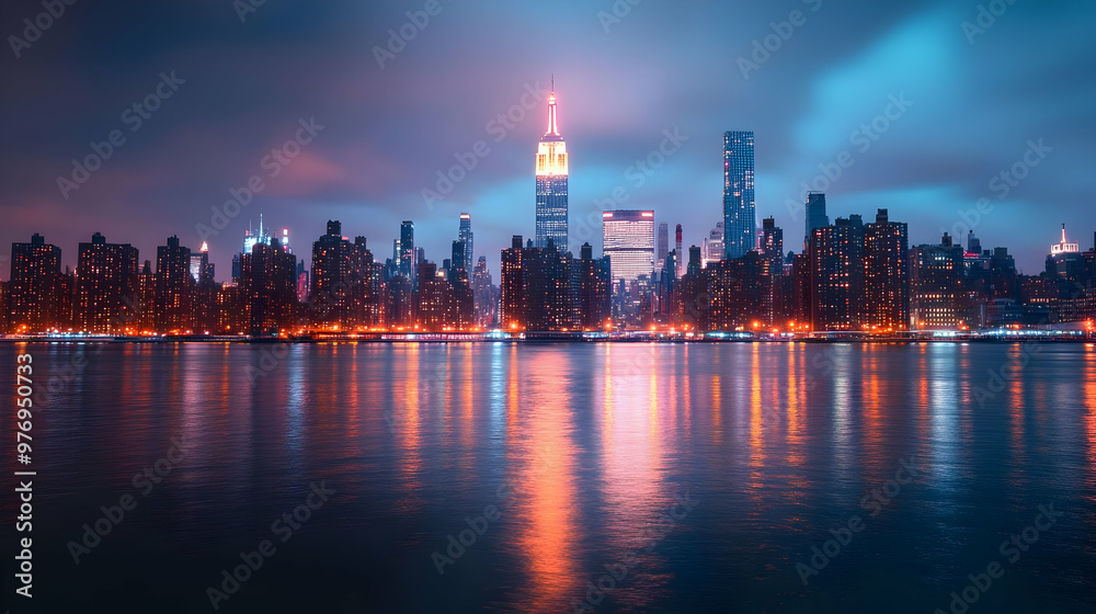 A panoramic view of a city skyline at night, with skyscrapers illuminated by bright lights, reflecting in the water. A panoramic view of a city skyline at night, with skyscrapers illuminated by bright lights, reflecting in the water.